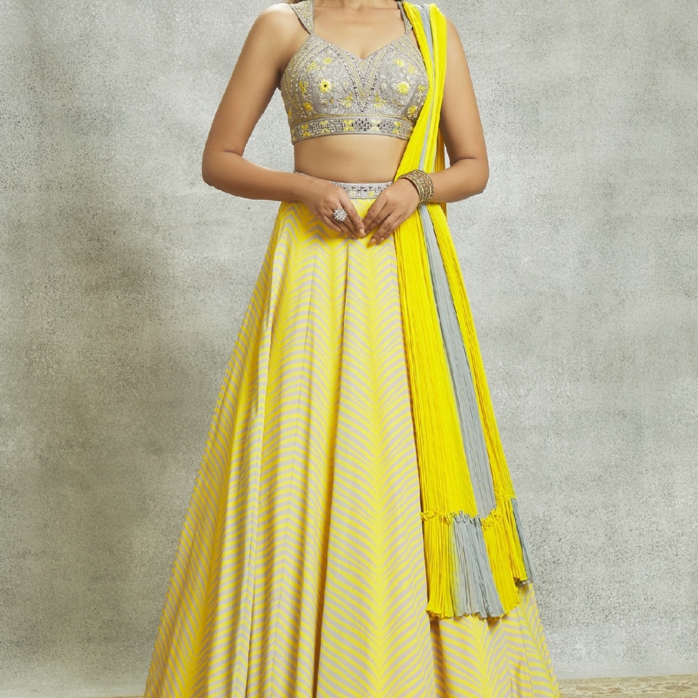 Yellow lehenga chinnon embroidered v neck. Never worn